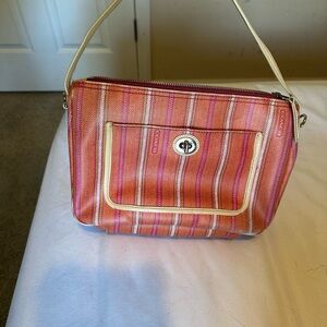 Coach Pink and Cream Striped Turnlock Shoulder Bag